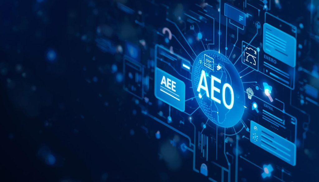 “Answer Engine Optimization AEO guide with AI search and voice search concept”